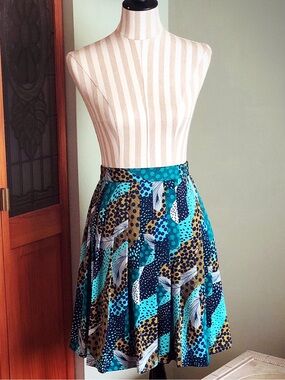 H&M Plated, Navy, Turquoise & Gold Abstract Print Circle Skirt